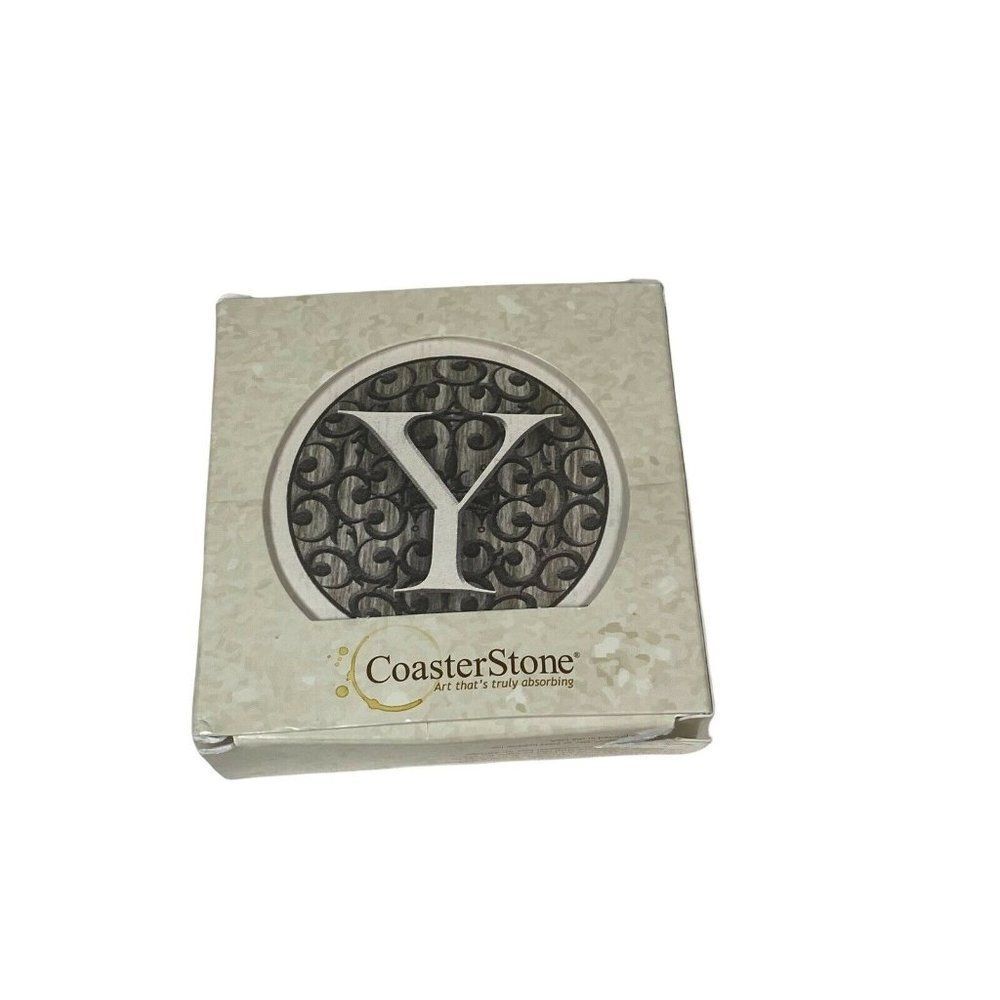 Ceramic Coasters for Drinks  Set of 4  Round White Monogrammed Y Personalized